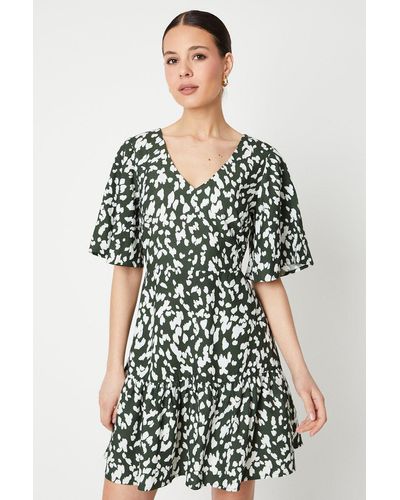 Dorothy Perkins Abstract Frill Sleeve Tiered Mini Dress - Green