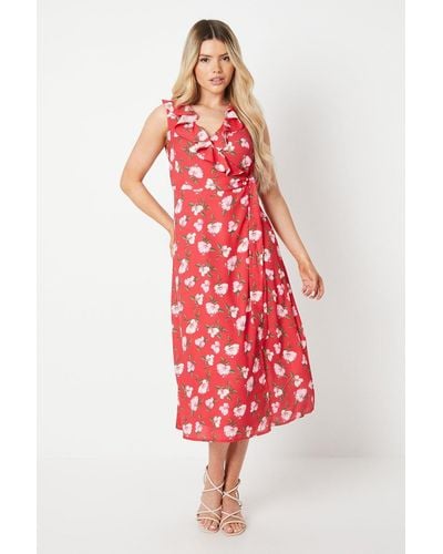 Dorothy Perkins Floral Frill Neck Detail Wrap Midi Dress - Red