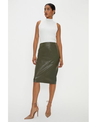 Dorothy Perkins Faux Leather Seam Detail Midi Skirt - Green