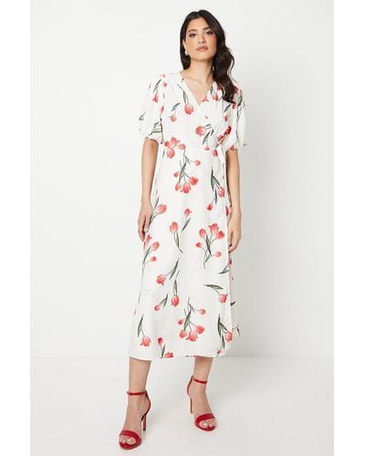 Dorothy Perkins Floral Puff Sleeve Wrap Midi Dress - Multicolour