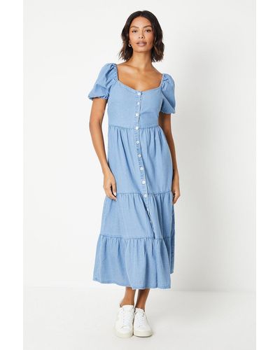Dorothy Perkins Denim Puff Sleeve Button Through Tiered Dress - Blue