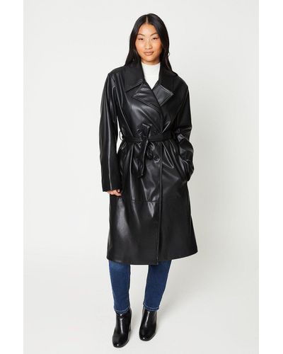 Dorothy Perkins Petite Faux Leather Longline Trench Coat - Black