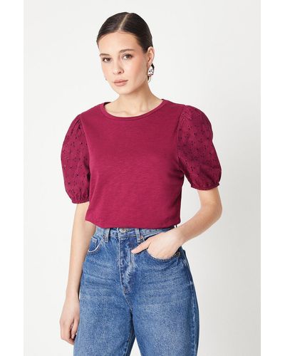 Dorothy Perkins Broderie Puff Sleeve T-shirt - Red