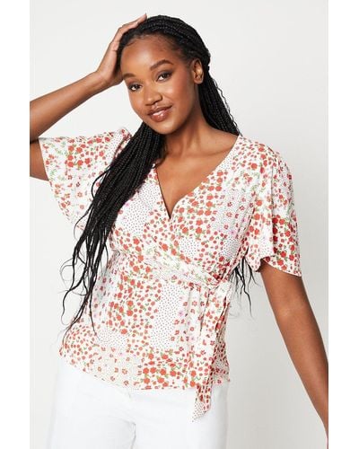Dorothy Perkins Ditsy Floral Wrap Short Sleeve Blouse - White