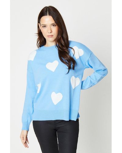 Dorothy Perkins Crew Neck All Over Heart Print Knitted Jumper - Blue