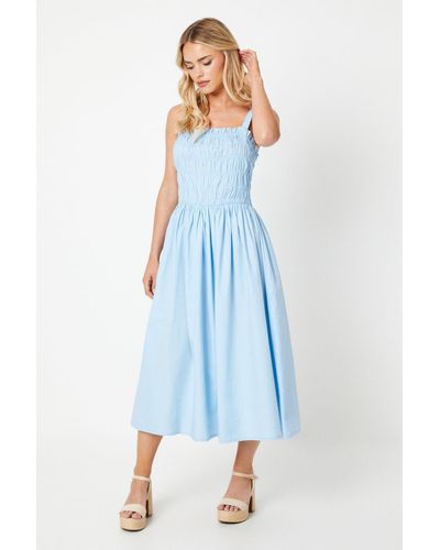Dorothy Perkins Petite Strappy Shirred Bodice Midi Dress - Blue