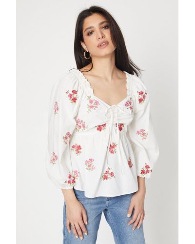 Dorothy Perkins Embroidered Ruched Front Blouse - White