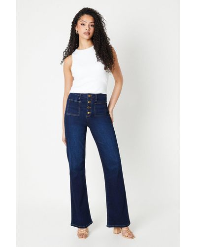 Dorothy Perkins Tall High Rise Button Detail Patch Pocket Flare Jeans - Blue