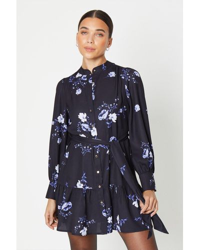 Dorothy Perkins Petite Black Floral Frill Hem Mini Shirt Dress - Blue