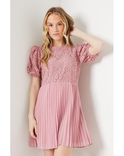 Dorothy Perkins Lace Pleated Chiffon Mini Dress - Pink