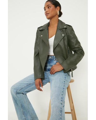Dorothy Perkins Boxy Cropped Real Leather Jacket - Green