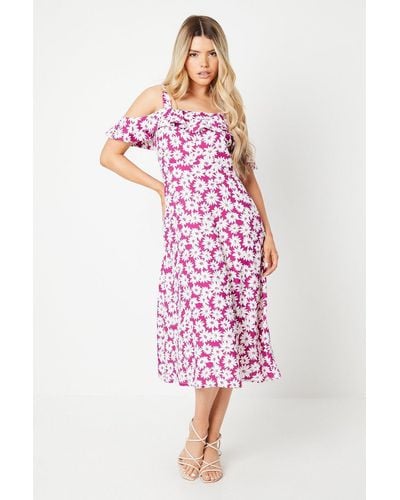 Dorothy Perkins Floral Ruffle Strappy Bardot Midi Dress - Pink
