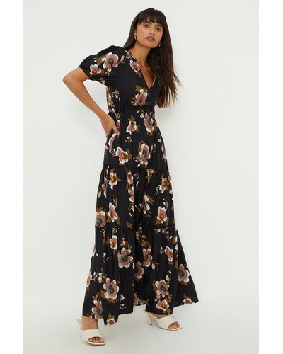 Dorothy Perkins Floral V Neck Tiered Maxi Dress - Black