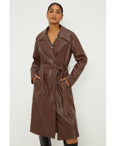 Dorothy Perkins Faux Leather Longline Trench Coat - Brown