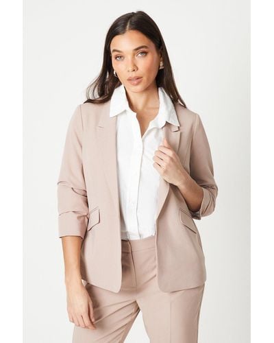 Dorothy Perkins Petite Ruched Sleeve Blazer - Natural