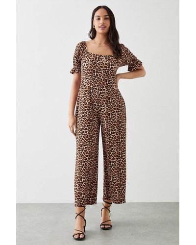Dorothy Perkins Leopard Printed Textured Square Neck Jumpsuit - Brown