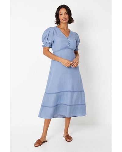 Dorothy Perkins Broderie Trim Button Front Midi Dress - Blue