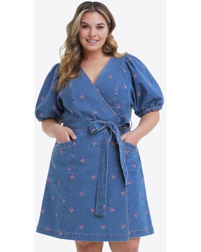 Draper James Wrap Dress In Embroidered Posy - Blue