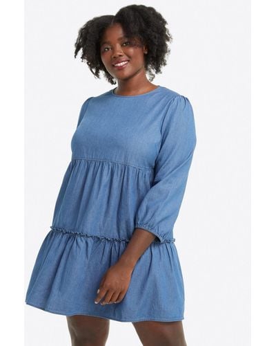 Draper James Tiered Trapeze Dress In Chambray - Blue
