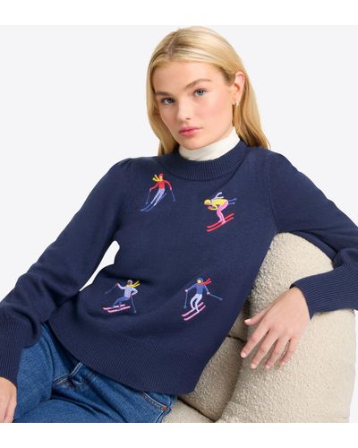 Draper James Crewneck Sweater In Embroidered Skier - Blue