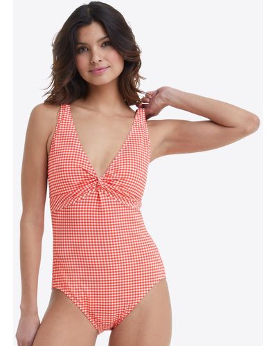 Draper James Twist Front One Piece Swimsuit In Red Gingham - Pink