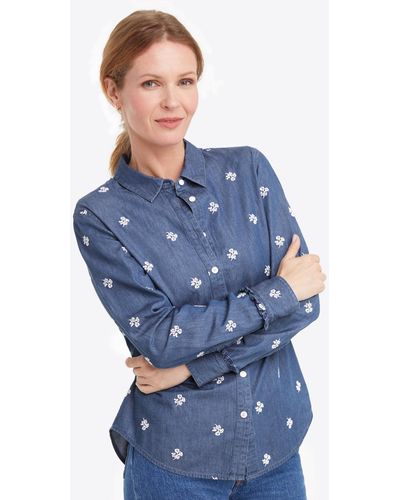 Draper James Button Down Top In Embroidered Chambray - Blue