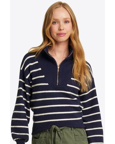 Draper James Striped Quarter Zip Sweater In Mariner Stripe - Blue