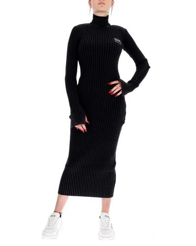 Versace 73Haom11-Cm16N Ribbed High Neck And Long Sleeve Midi Dress - Black