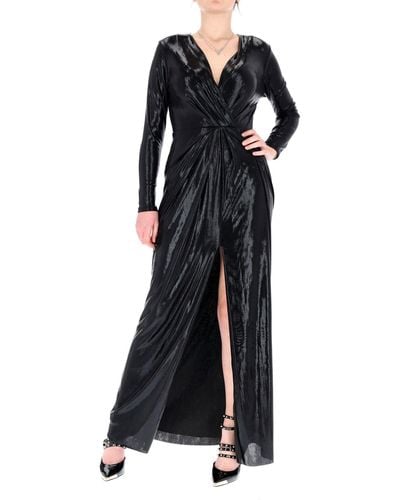 Fracomina Fq22Wd3003W59501 Long Sleeve Laminated Dress V-Neck And Center Slit - Black