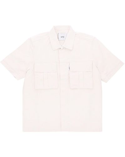 Arte' Peter Detail Pocket Twill Shirt Herren Kurzarmhemd Creme - Weiß