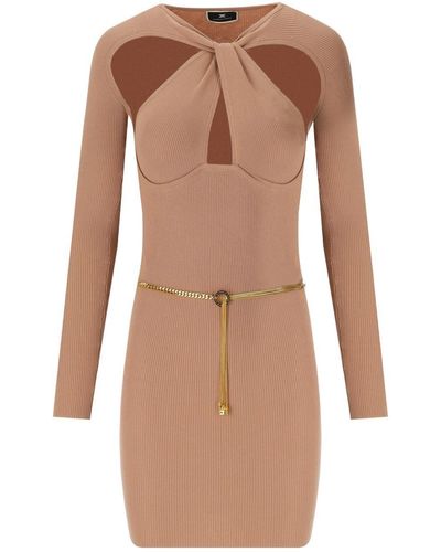 Elisabetta Franchi Nude Knitted Dress With Twist Neck - Brown