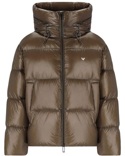 Emporio Armani Hooded Down Jacket With Logo - Green