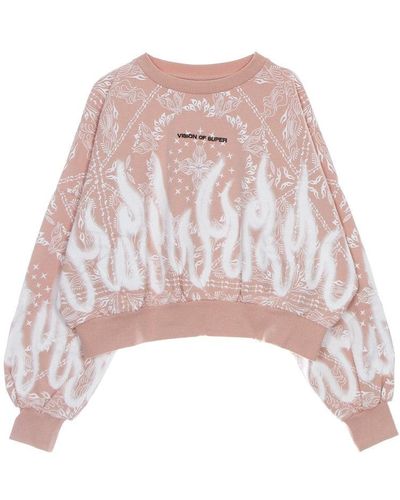 Vision Of Super Crop Crewneck Lightweight Sweatshirt Crop Hoodie Bandana Print - Pink