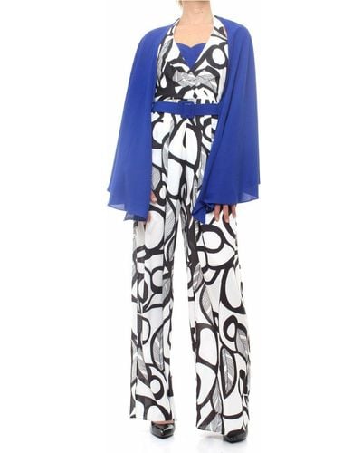 Fabiana Ferri Fabianaferri 30719 Patterned Jumpsuit With V-Neck, Wide Sleeves, Contrasting Corset And Waistband - Blue
