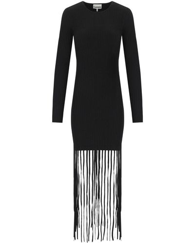 Ganni Fringed Ribbed-knit Minidress - Black
