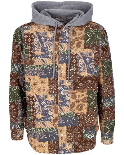 Huf Long Sleeve Hooded Shirt Patchwork Cord Hooded Jacket - Brown