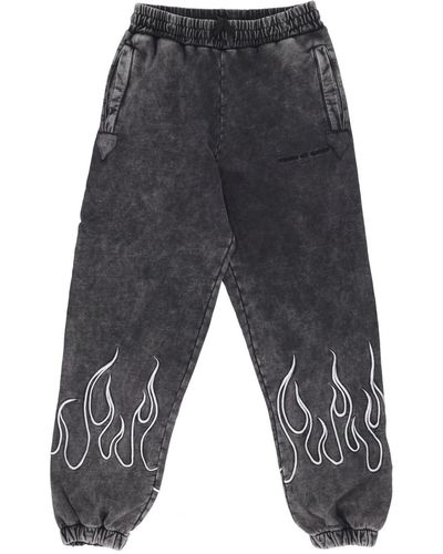 Vision Of Super Fleece Tracksuit Pants Embroidered Flames Pants - Gray