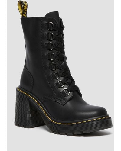 Dr. Martens Chesney Leather Flared Heel Lace Up Boots - Black