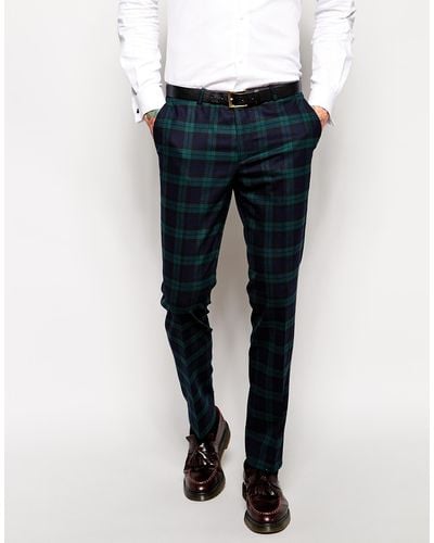 Noose And Monkey Plaid Trousers With Stretch In Super Skinny Fit - Green