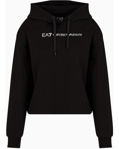 EA7 Cotton Shiny Cropped Sweatshirt With Hood - Black