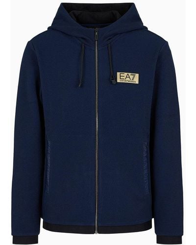 EA7 Gold Label Stretch Technical Fabric Hooded Sweatshirt - Blue