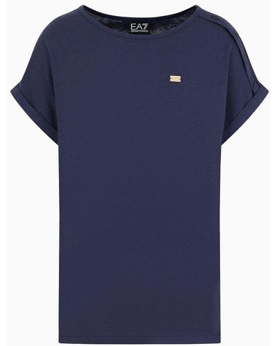 EA7 Costa Smeralda T-shirt Mit U-boot-ausschnitt, Gefertigt Aus Baumwolle Und Leinen - Blau