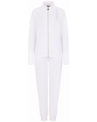 EA7 Asv Organic Cotton-blend Tracksuit With Rhinestone Eagle Logo - White