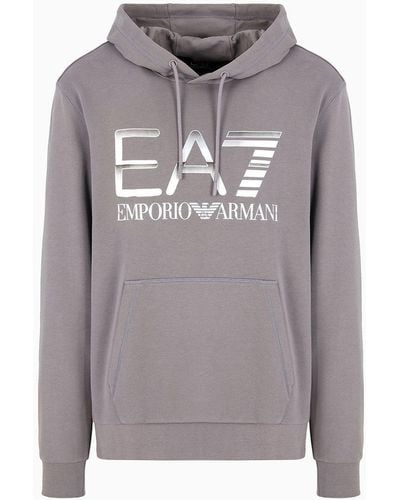 EA7 Logo Series Sweatshirt Aus Baumwolle Mit Kapuze - Grau