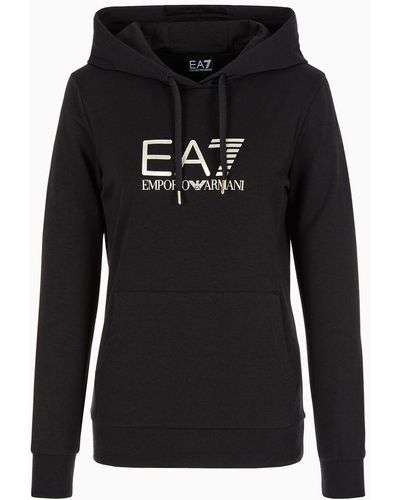 EA7 Shiny Stretch-cotton Hooded Sweatshirt - Black