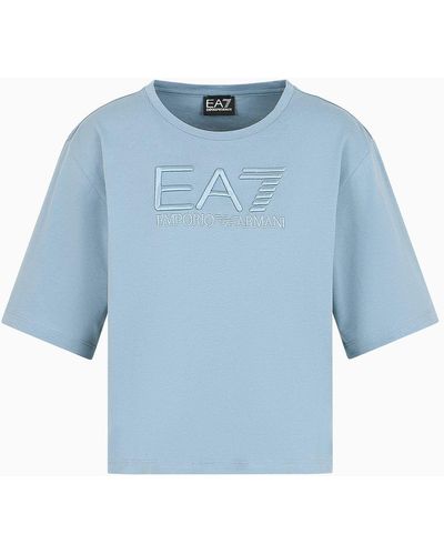EA7 Logo Series Crossover Stretch Cotton Crew-neck T-shirt With Embroidered Logo - Blue
