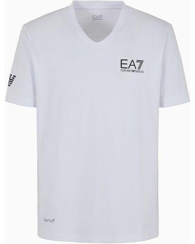 EA7 Tennis Pro V-neck T-shirt In Ventus7 Technical Fabric - White