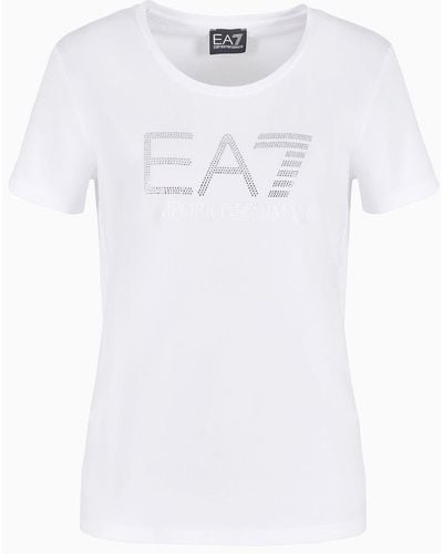 EA7 T-shirt Logo Series In Cotone Stretch Con Logo Strass - Bianco
