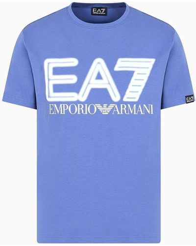 EA7 Logo Series T-shirt Mit Kurzen Ärmeln Aus Baumwollstretch - Blau