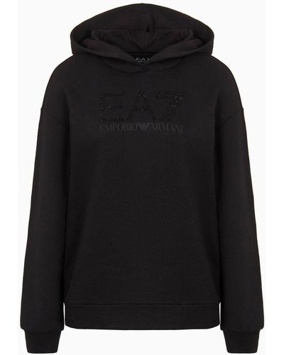 EA7 Logo Series Organic-cotton Hooded Sweatshirt With Rhinestone Logo - Black
